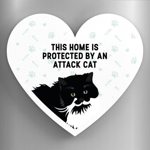 P6072 - Black And White Cat Home Protected Attack Cat Katie Pearson Artworks Heart Shaped Wooden Magnet