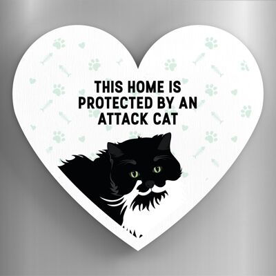 P6072 - Gato blanco y negro Home Protected Attack Cat Katie Pearson Artworks Imán de madera en forma de corazón