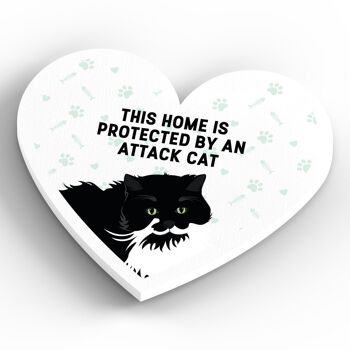 P6072 - Chat noir et blanc Home Protected Attack Cat Katie Pearson Artworks Aimant en bois en forme de coeur 4