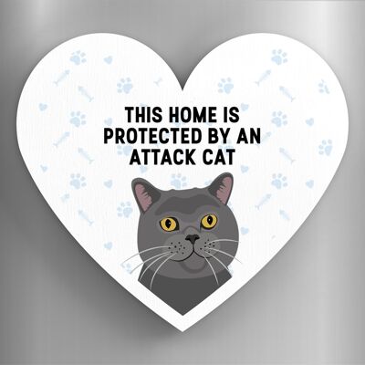 P6075 - Grey Cat Home Protected Attack Cat Katie Pearson Artworks Heart Shaped Wooden Magnet