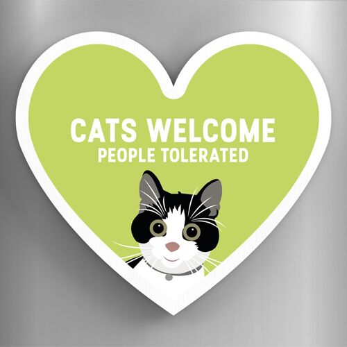 P6079 - Black And White Cats Welcome People Tolerated Katie Pearson Artworks Heart Shaped Wooden Magnet