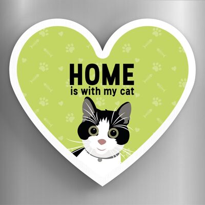 P6080 - Black And White Cats Home With My Cat Katie Pearson Artworks Heart Shaped Wooden Magnet