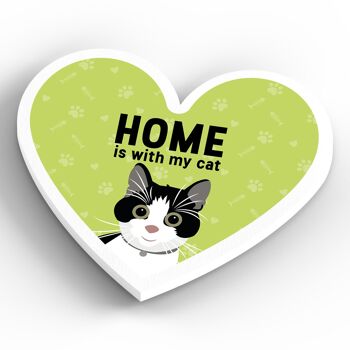 P6080 - Chats noirs et blancs à la maison avec mon chat Katie Pearson Artworks Aimant en bois en forme de coeur 4
