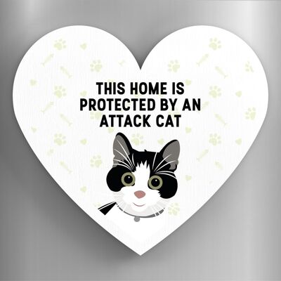 P6081 - Black And White Cat Home Protected Attack Cat Katie Pearson Artworks Heart Shaped Wooden Magnet