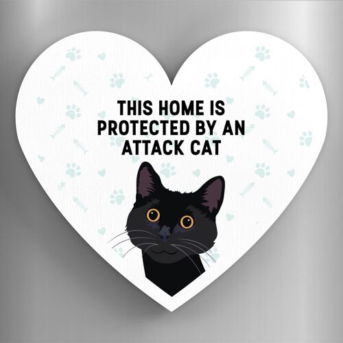 P6087 - Black Cat Home Protected Attack Cat Katie Pearson Artworks Heart Shaped Wooden Magnet