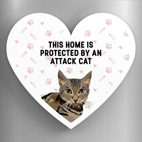 P6090 - Tabby Cat Home Protected Attack Cat Katie Pearson Artworks Heart Shaped Wooden Magnet