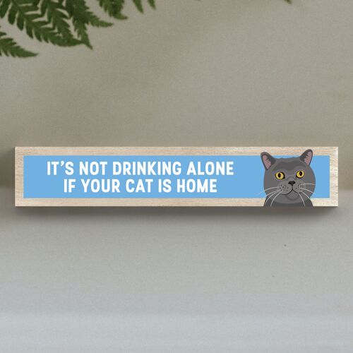P6220 - Grey Cat Not Drinking Alone Katie Pearson Artworks Wooden Momento Block