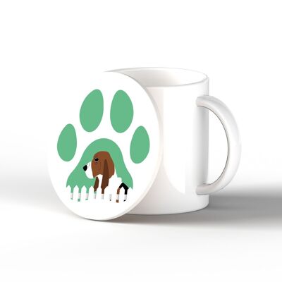 P6291 - Bassett Hound Pawprint Kate Pearson Illustration Ceramic Circle Coaster Dog Themed Gift