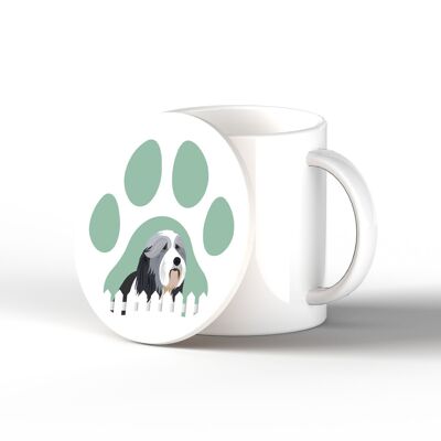 P6297 - Bearded Collie Pawprint Kate Pearson Ilustración Cerámica Círculo Posavasos Perro Temática Regalo