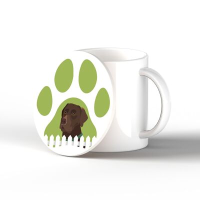 P6333 - Chocolate Labrador Pawprint Kate Pearson Illustration Ceramic Circle Coaster Dog Themed Gift