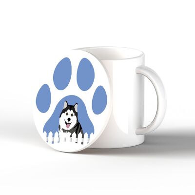 P6384 - Husky Pawprint Kate Pearson Illustrazione Cerchio in ceramica Regalo a tema cane sottobicchiere