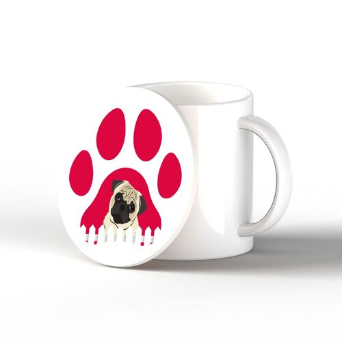 P6405 - Pug Pawprint Kate Pearson Illustration Ceramic Circle Coaster Dog Themed Gift