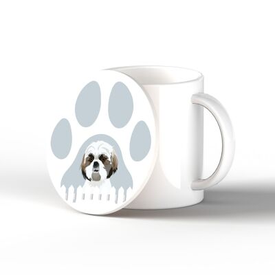 P6417 - Shih Tzu Pawprint Kate Pearson Illustration Ceramic Circle Coaster Dog Themed Gift