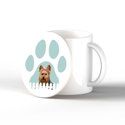 P6450 - Yorkshire Terrier Pawprint Kate Pearson Illustration Ceramic Circle Coaster Dog Themed Gift