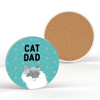P6451 - White Cat Dad Kate Pearson Illustration Céramique Circle Coaster Cat Themed Gift 2