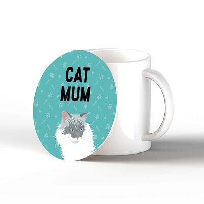 P6452 - White Cat Mum Kate Pearson Illustrazione in ceramica Circle Coaster regalo a tema gatto