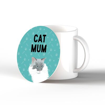 P6452 - White Cat Mum Kate Pearson Illustration Ceramic Circle Coaster Cat Themed Gift