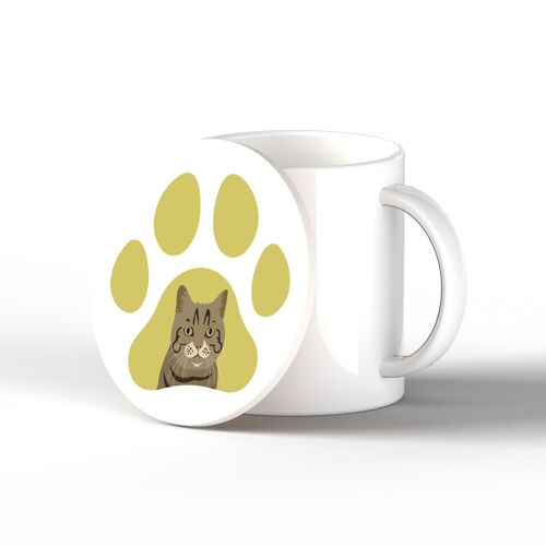 P6456 - Tabby Cat Pawprint Kate Pearson Illustration Ceramic Circle Coaster Cat Themed Gift