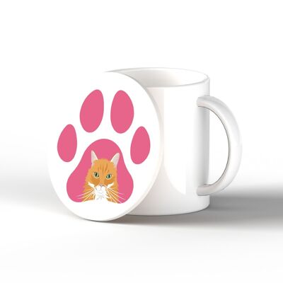 P6459 - Ginger Cat Pawprint Kate Pearson Illustration Ceramic Circle Coaster Cat Themed Gift