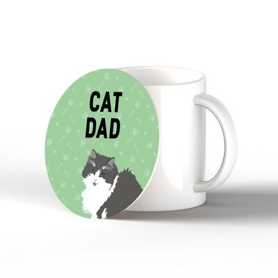 P6460 – Grau-weißer Untersetzer mit Katze, Vater, Kate Pearson, Illustration, Keramik, rund, Geschenk mit Katzenmotiv