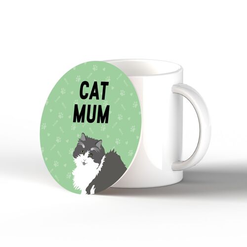 P6461 - Grey & White Cat Mum Kate Pearson Illustration Ceramic Circle Coaster Cat Themed Gift