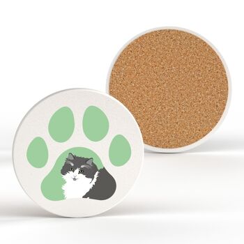 P6462 - Empreinte de chat gris et blanc Kate Pearson Illustration Céramique Circle Coaster Cat Themed Gift 2