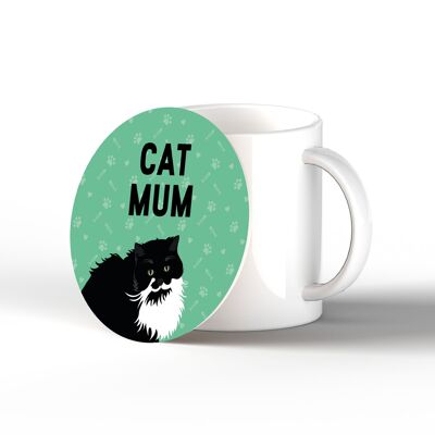 P6467 - Cat Mum in bianco e nero Kate Pearson Illustrazione in ceramica sottobicchiere circolare regalo a tema gatto