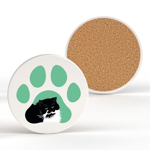 P6468 - Black & White Cat Pawprint Kate Pearson Illustration Ceramic Circle Coaster Cat Themed Gift