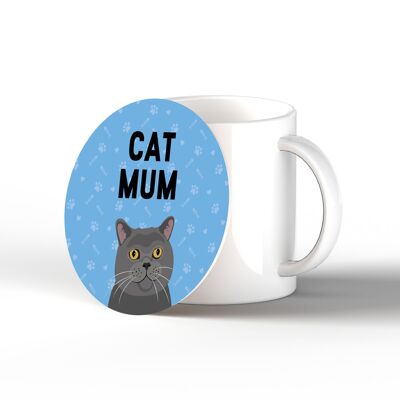 P6470 - Grey Cat Mum Kate Pearson Illustration Ceramic Circle Coaster Cat Themed Gift