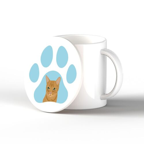 P6474 - Ginger Cat Pawprint Kate Pearson Illustration Ceramic Circle Coaster Cat Themed Gift