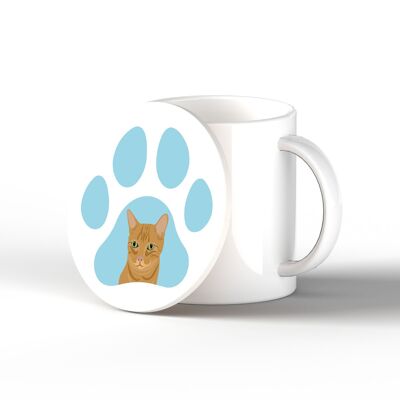 P6474 – Ginger Cat Pawprint Kate Pearson Illustration Keramik Kreis Untersetzer Geschenk mit Katzenmotiv