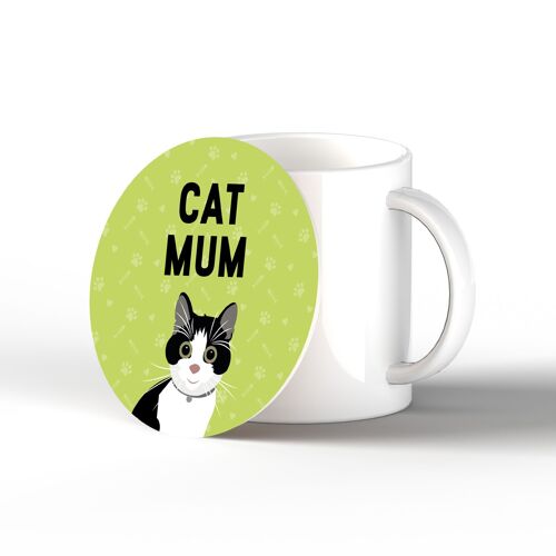 P6476 - Black & White Cat Mum Kate Pearson Illustration Ceramic Circle Coaster Cat Themed Gift