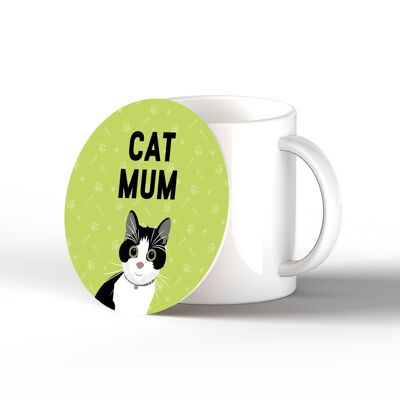 P6476 - Gato blanco y negro Mamá Kate Pearson Ilustración Círculo de cerámica Posavasos Gato Regalo temático