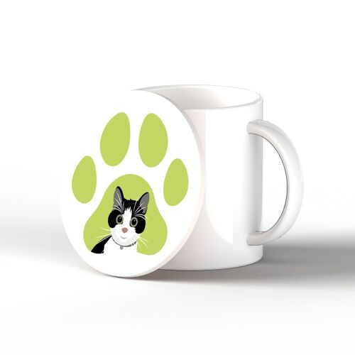 P6477 - Black & White Cat Pawprint Kate Pearson Illustration Ceramic Circle Coaster Cat Themed Gift