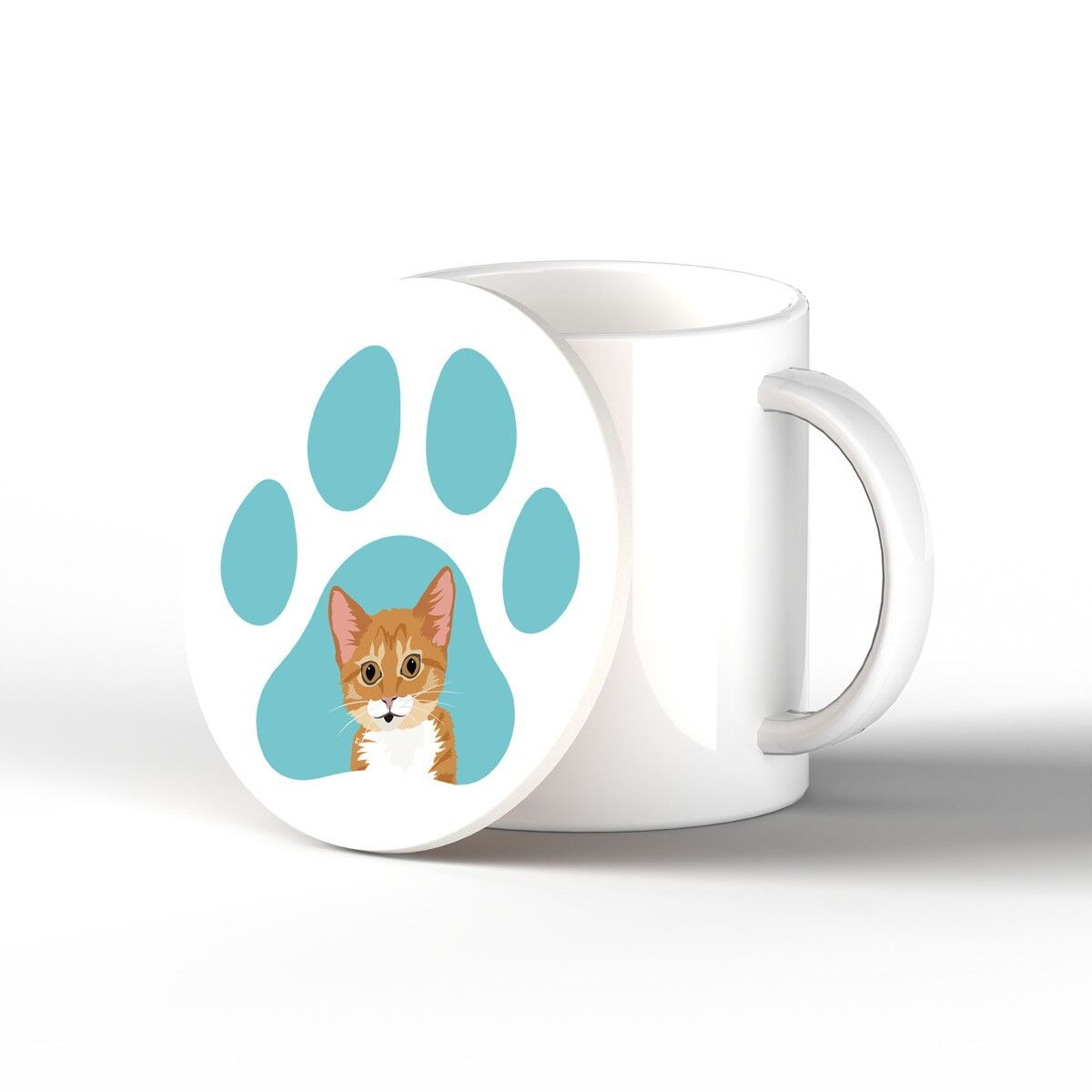 P6480 - Ginger Tabby Kitten Cat Pawprint Kate Pearson Illustration Ceramic Circle Coaster Cat Themed Gift