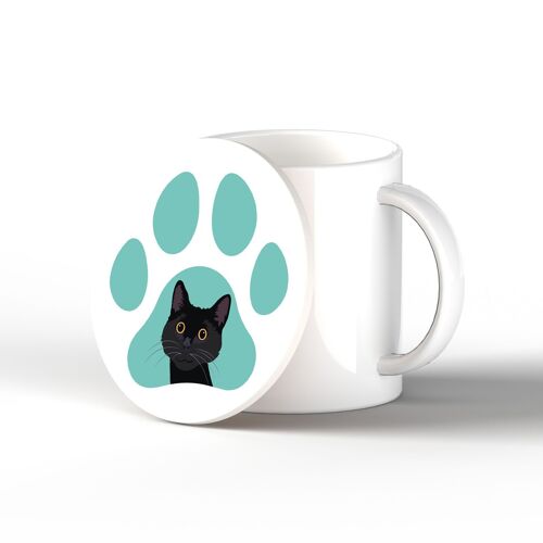 P6483 - Black Cat Pawprint Kate Pearson Illustration Ceramic Circle Coaster Cat Themed Gift