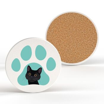 P6483 - Black Cat Pawprint Kate Pearson Illustration Céramique Circle Coaster Cat Themed Gift 2