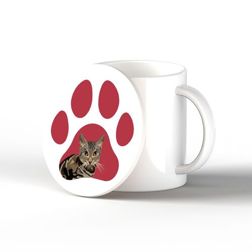 P6486 - Tabby Cat Pawprint Kate Pearson Illustration Ceramic Circle Coaster Cat Themed Gift
