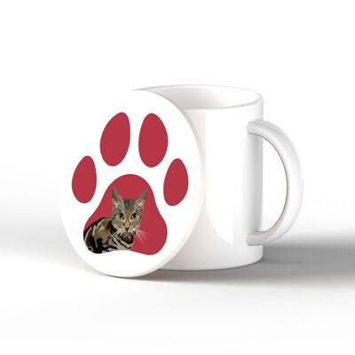 P6486 - Tabby Cat Pawprint Kate Pearson Illustrazione Ceramic Circle Coaster Regalo a tema gatto