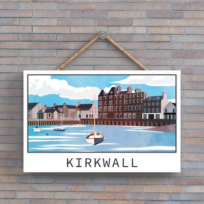 P6491 - Targa in legno con illustrazione del paesaggio scozzese del porto di Kirkwall