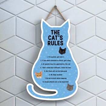 P6494 - The Cat's Rules Plaque à suspendre en bois en forme de chat bleu Signe de chat amusant pour les amoureux et les propriétaires de chats 1