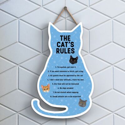 P6494 - The Cat's Rules Blue Cat Shaped Wooden Hanging Plaque Funny Cat Sign For Cat Lovers And Owners