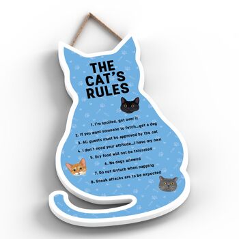 P6494 - The Cat's Rules Plaque à suspendre en bois en forme de chat bleu Signe de chat amusant pour les amoureux et les propriétaires de chats 2