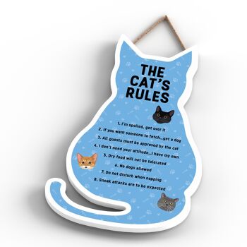 P6494 - The Cat's Rules Plaque à suspendre en bois en forme de chat bleu Signe de chat amusant pour les amoureux et les propriétaires de chats 4