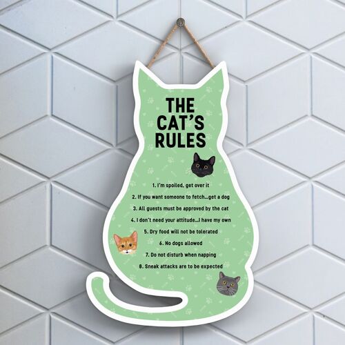 P6495 - The Cat's Rules Green Cat Shaped Wooden Hanging Plaque Funny Cat Sign For Cat Lovers And Owners
