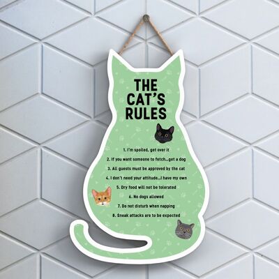 P6495 - The Cat's Rules Plaque à suspendre en bois en forme de chat vert Signe de chat amusant pour les amoureux et les propriétaires de chats