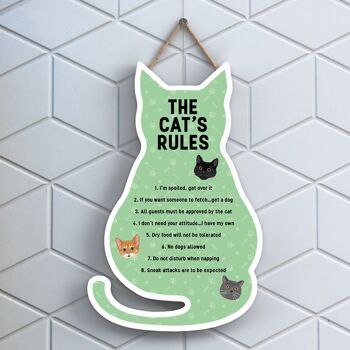 P6495 - The Cat's Rules Plaque à suspendre en bois en forme de chat vert Signe de chat amusant pour les amoureux et les propriétaires de chats 1