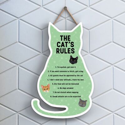 P6495 - The Cat's Rules Green Cat Shaped Wooden Hanging Plaque Funny Cat Sign For Cat Lovers And Owners