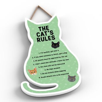 P6495 - The Cat's Rules Plaque à suspendre en bois en forme de chat vert Signe de chat amusant pour les amoureux et les propriétaires de chats 2