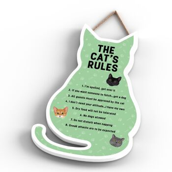 P6495 - The Cat's Rules Plaque à suspendre en bois en forme de chat vert Signe de chat amusant pour les amoureux et les propriétaires de chats 4